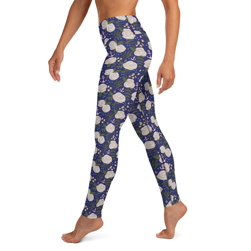 Delta Gamma Navy Blue Floral Print Yoga Leggings in side view on model