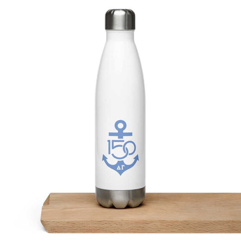 Delta Gamma Sorority Water Bottle in Splash Blue Anniversary logo on wood shelf