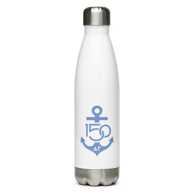 Delta Gamma Sorority Water Bottle with Splash Blue 150th Anniversary logo 