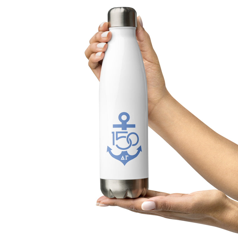 Delta Gamma Sorority Water Bottle with Splash Blue 150th Anniversary logo