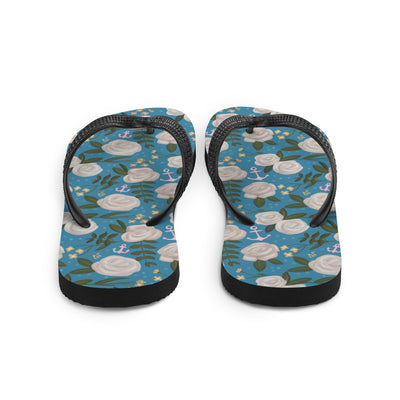 Delta Gamma Sorority Floral Flip-Flops in rear view in Legacy blue floral print