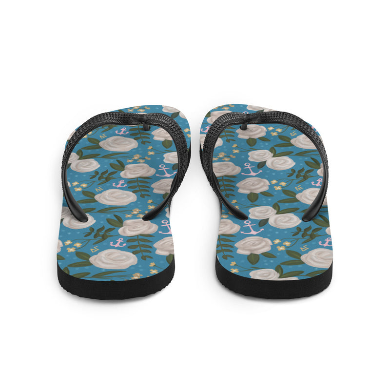 Delta Gamma Sorority Floral Flip-Flops in rear view in Legacy blue floral print