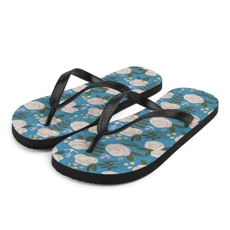 Delta Gamma Sorority Floral Flip-Flops in side view with rose floral print