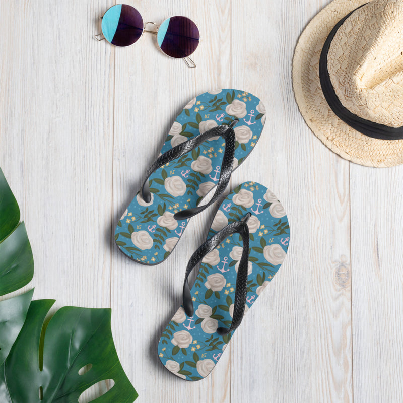 Delta Gamma Sorority Floral Flip-Flops in lifestyle setting