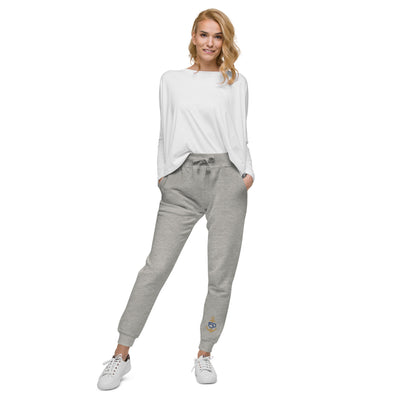 Delta Gamma Sorority Sweatpants shown in gray on model with logo on the leg