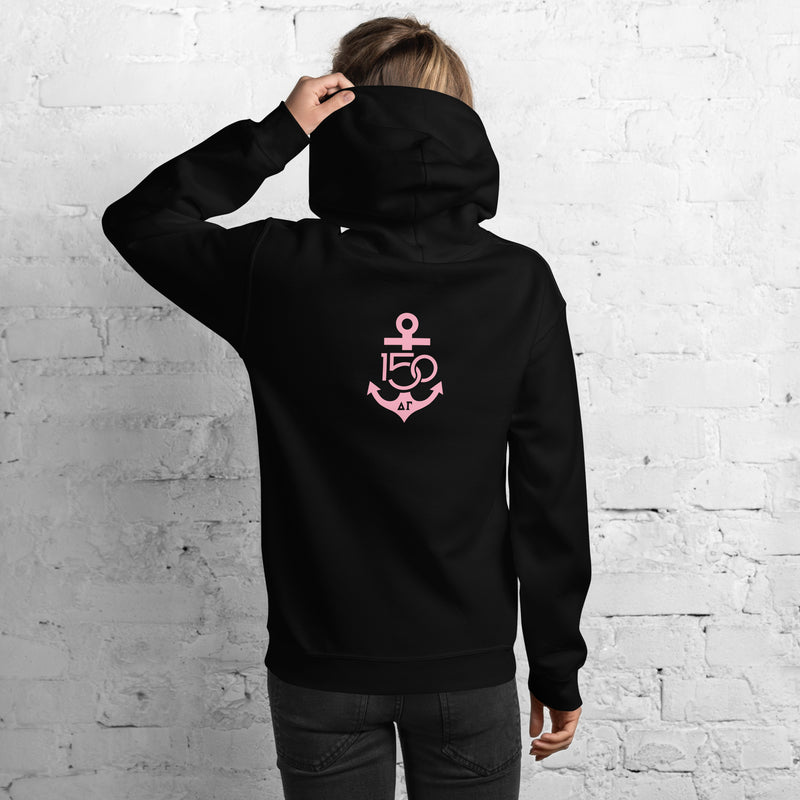 Delta Gamma Sorority Hoodie showing DG Pink 150th Anniversary logo on back 