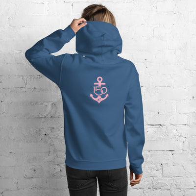 Delta Gamma Sorority Hoodie showing back of hoodie with DG Pink 150th logo