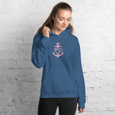 Delta Gamma Sorority Hoodie in Indigo Blue with DG pink 150th Anniversary logo.