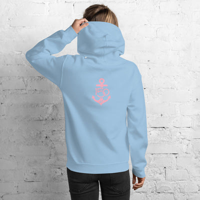 Delta Gamma Sorority Hoodie in light blue with DG pink 150th Anniversary logo on back