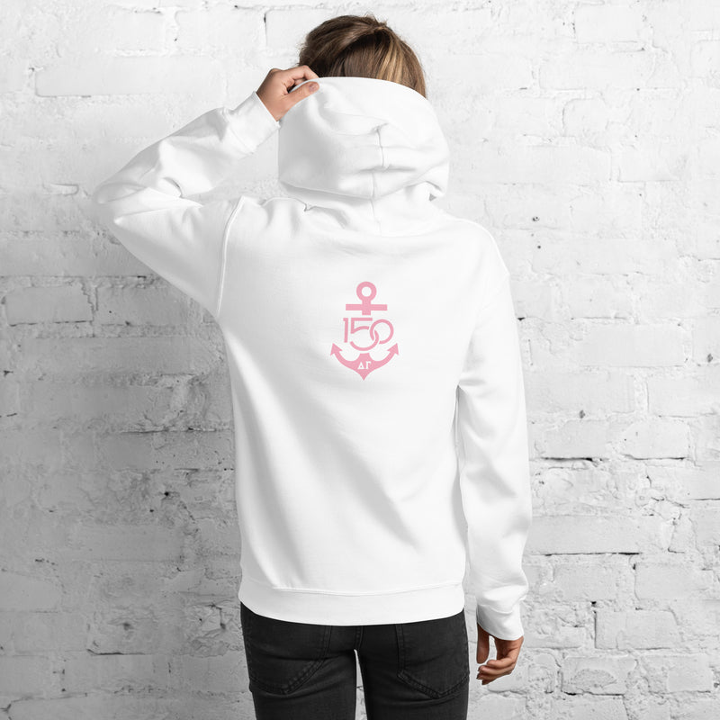 Delta Gamma Sorority Hoodie in white with pink 150th logo on back