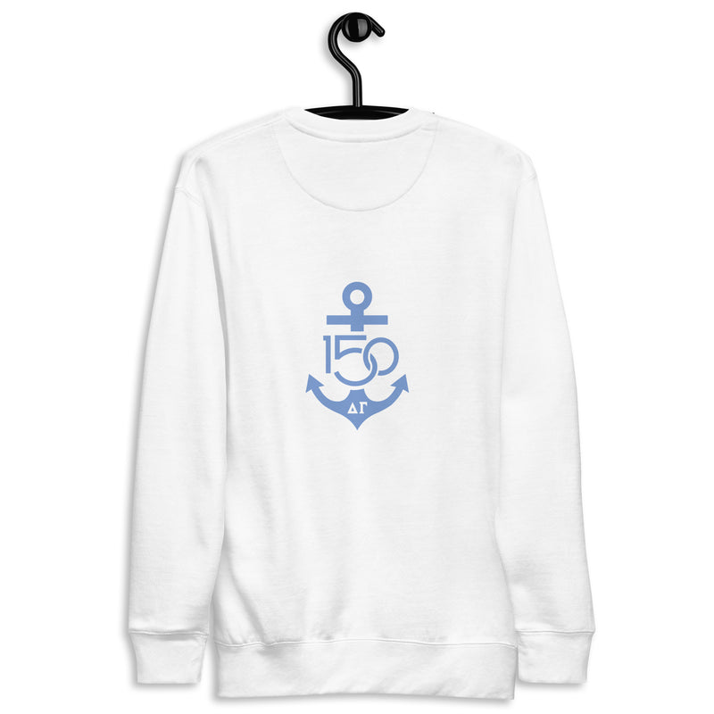 Delta Gamma Sorority Sweatshirt with Splash Blue 150th logo on back