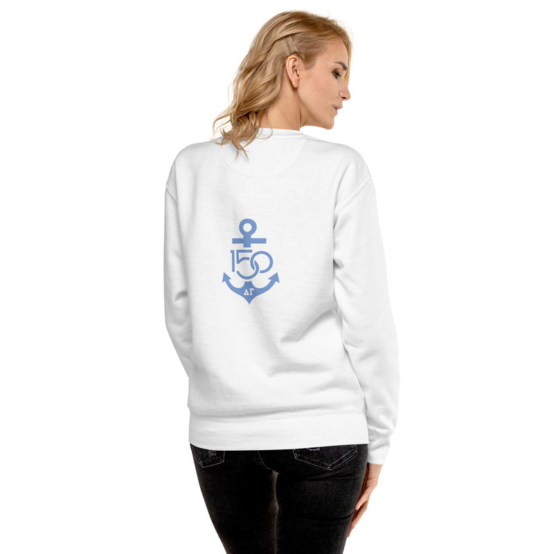 Delta Gamma Sorority Sweatshirt with 150th logo in Splash Blue on back