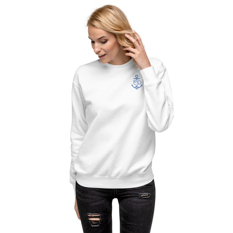 Delta Gamma Sorority Sweatshirt with  Splash Blue 150th logo on model