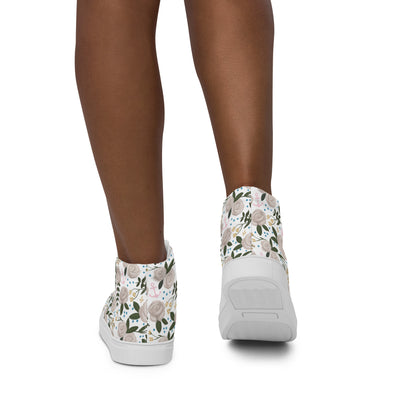 Delta Gamma Sorority High Tops in white floral print showing back view on model's feet