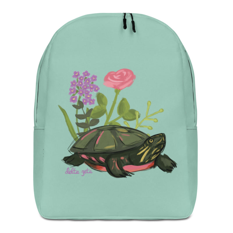 Delta Zeta Sorority Backpack shown in front view with turtle mascot design in green