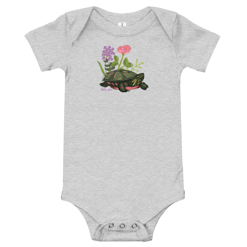 Delta Zeta Turtle Baby Onesie in athletic gray shown flat with turtle mascot design