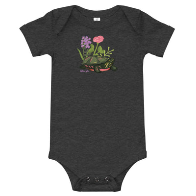 Delta Zeta Turtle Baby Onesie in dark gray shown flat with turtle mascot design