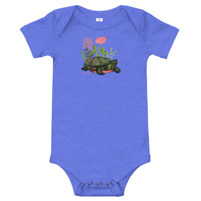 Delta Zeta Turtle Baby Onesie in blue shown flat with turtle mascot design