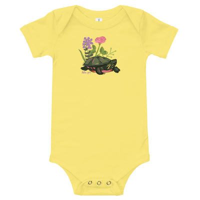 Delta Zeta Turtle Baby Onesie in yellow shown flat with turtle mascot design