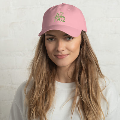 Delta Zeta Sorority Baseball Cap in pink with letters and 1902 in green