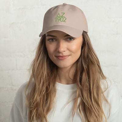 Delta Zeta Sorority Baseball Cap in stone beige with green embroidered letters and 1902