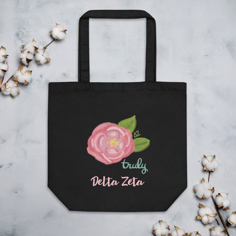 Delta Zeta Sorority Tote Bag shown flat with cotton blossoms with Truly design