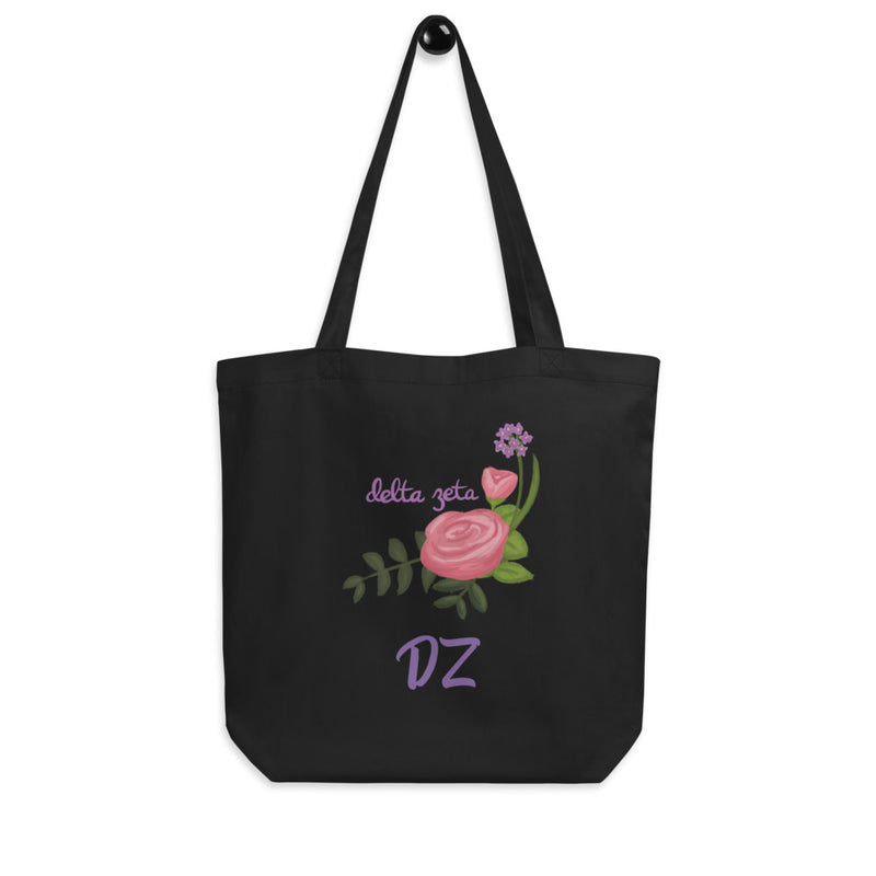 Delta Zeta Sorority Tote Bag in black shown hanging on a hook