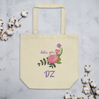 Delta Zeta Pink Killarney Rose Tote Bag shown in natural oyster, flat