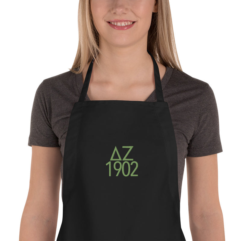 Delta Zeta Sorority Apron embroidered in green with letters and 1902 on black apron