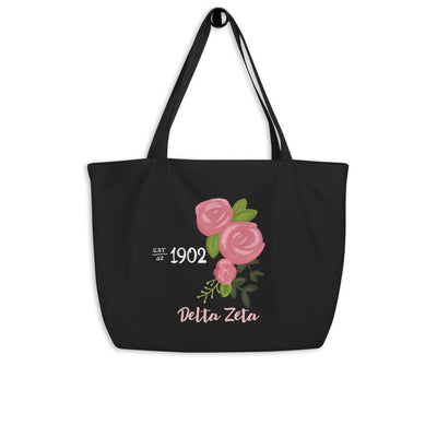 Delta Zeta 1902 Sorority Tote Bag in black shown hanging on hook