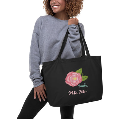 Delta Zeta Sorority Tote Bag shown on model's arm with Truly design in black