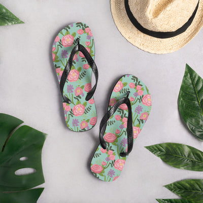 Delta Zeta Sorority Flip-Flops in green floral print shown in lifestyle setting