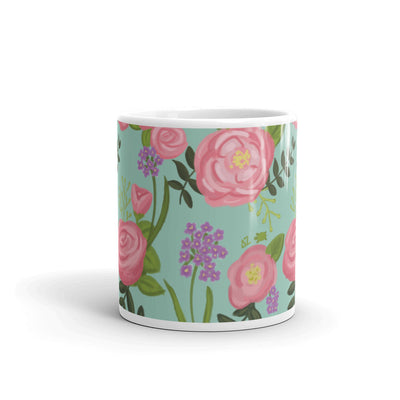 Delta Zeta Sorority Mug in 11 oz size with rose floral print showing print wrapping around mug