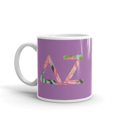 Delta Zeta Sorority Mug in 11 oz size with filled letters in purple