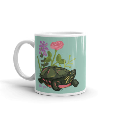 Delta Zeta Sorority Mug in 11 oz size with hand-drawn turtle mascot design in green