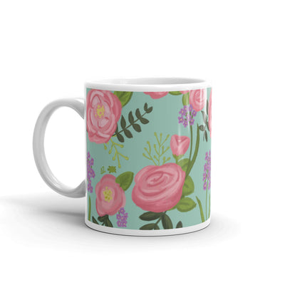 Delta Zeta Sorority Mug in 11 oz size with rose floral print with handle on left