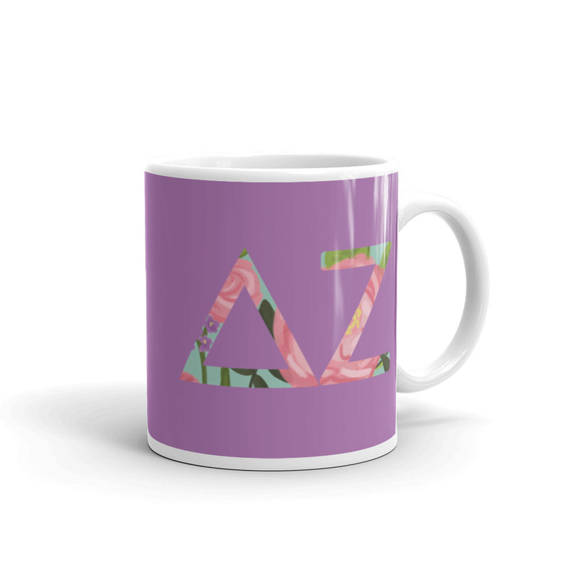 Delta Zeta Sorority Mug in 11 oz size in purple with filled letters