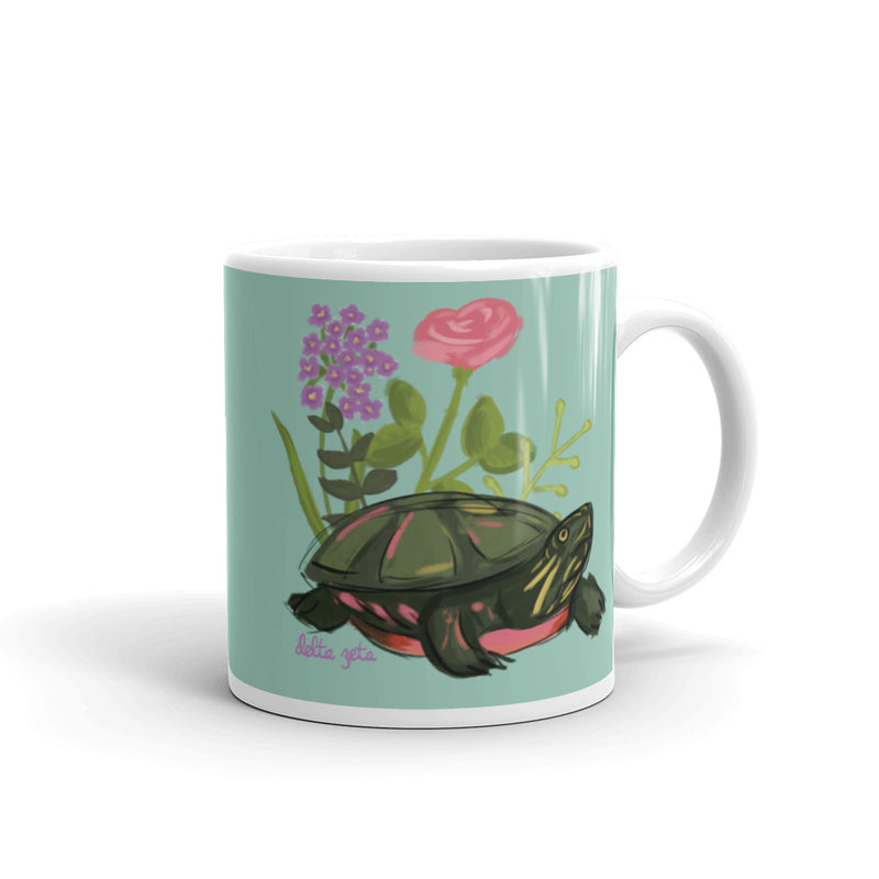 Delta Zeta Sorority Mug in 11 oz size with hand-drawn turtle mascot design