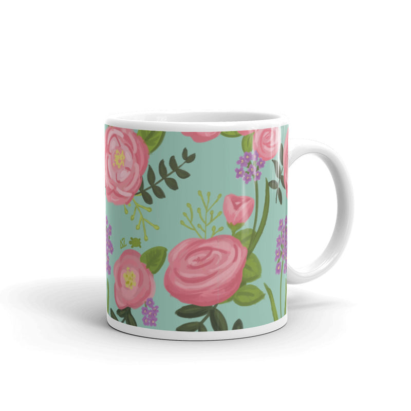 Delta Zeta Sorority Mug in 11 oz size with rose floral print with handle on right