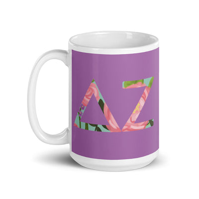 Delta Zeta Sorority Mug in 15 oz size with filled letters and handle on left