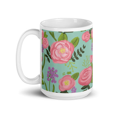 Delta Zeta Sorority Mug in 15 oz size with rose floral print with handle on left