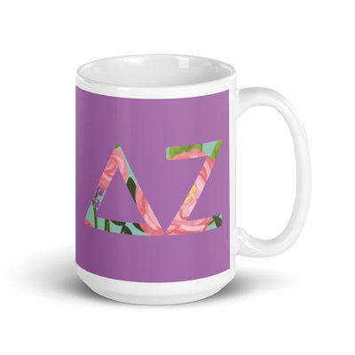 Delta Zeta Sorority Mug in 15 oz size with filled letters in purple