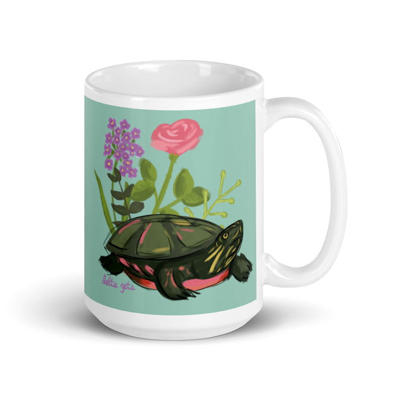 Delta Zeta Sorority Mug in 15 oz size with hand-drawn turtle mascot design