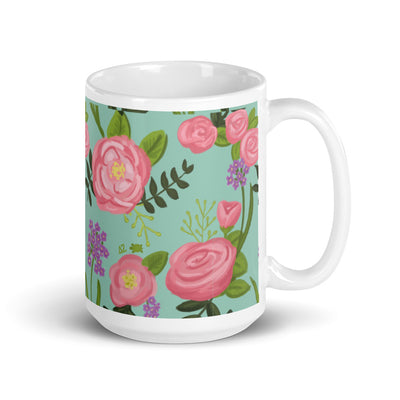 Delta Zeta Sorority Mug in 15 oz size with rose floral print with handle on right 