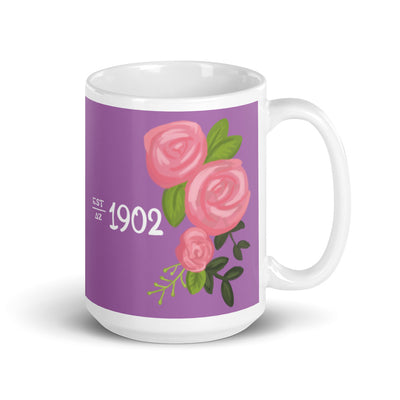 Delta Zeta Sorority Mug in 15 oz size with 1902 design in purple