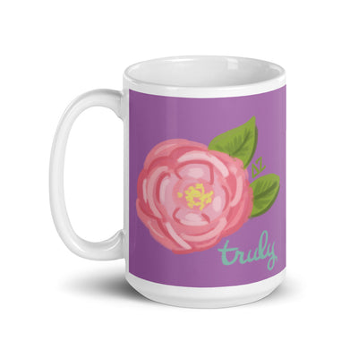 Delta Zeta Sorority Mug in 15 oz size with handle on left in purple