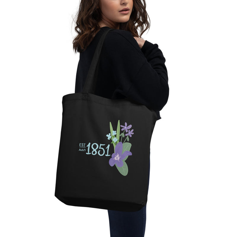 Alpha Delta Pi Founders Day Eco Tote Bag in black on woman&