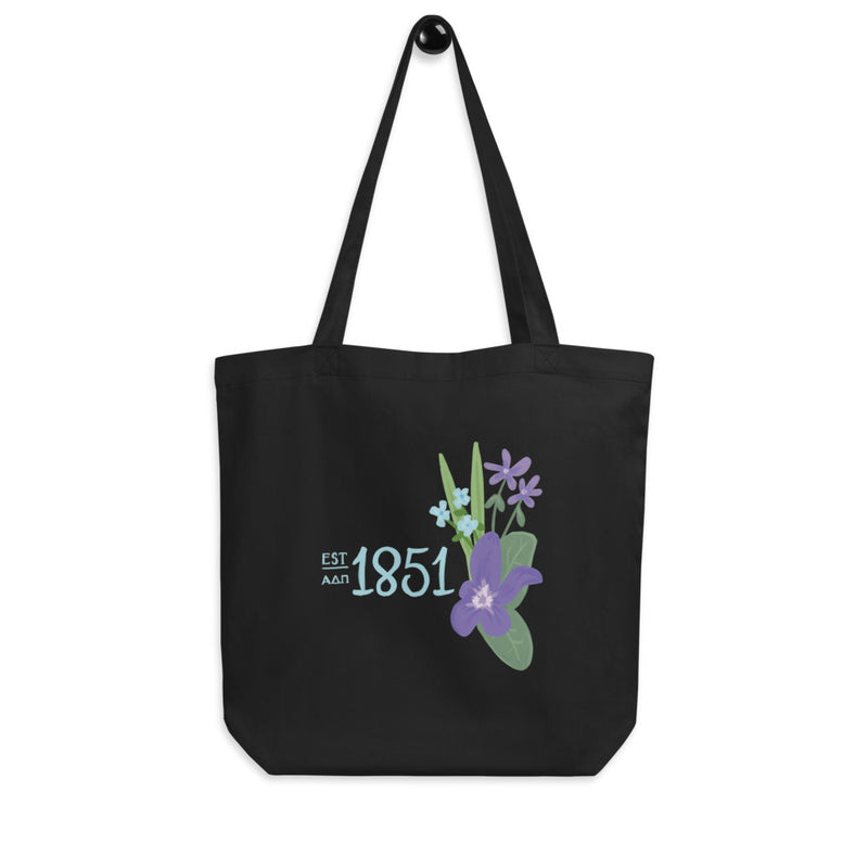 Alpha Delta Pi Founders Day Eco Tote Bag shown on hook in black