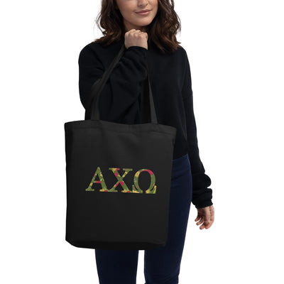 Alpha Chi Omega Greek Letters tote bag shown on woman's arm