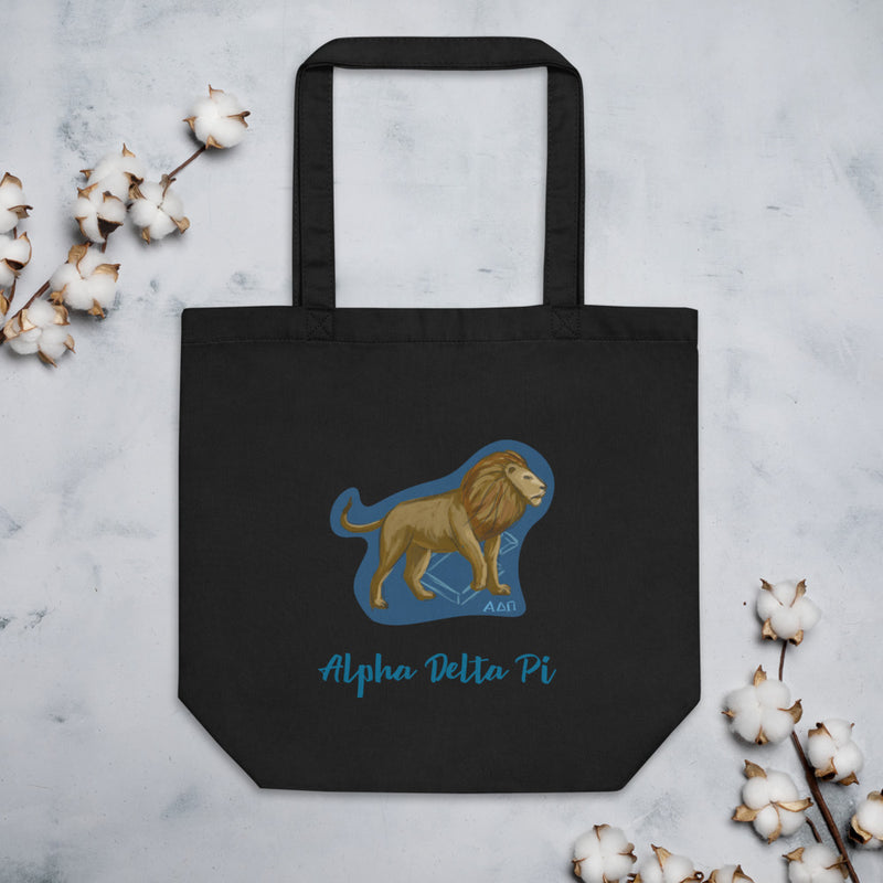 Alpha Delta Pi Alphie the Lion Eco Tote Bag in black shown flat